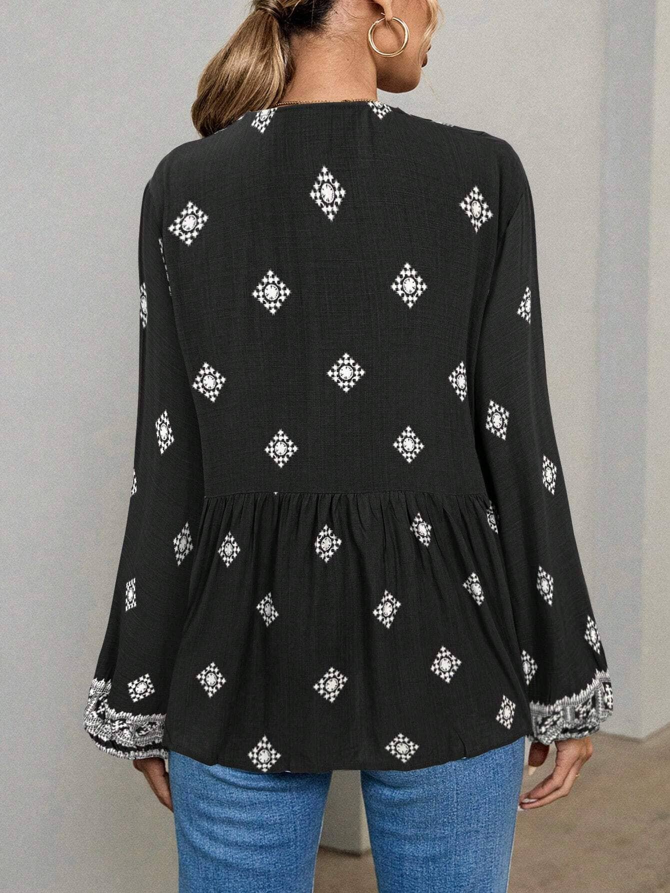 Hope & Sunshine - Boho Lantern Sleeve Tie-Neck Blouse