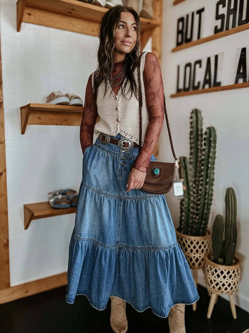 Hope & Sunshine - Bohemian Tiered Denim Skirt A-Line