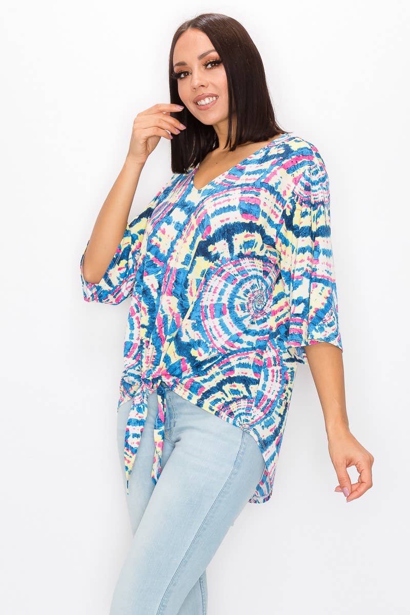 Shopin LA - ST21016-3984.  WOMEN TIE DYE 3/4 SLEEVE T-SHIRT w FRONT TIE