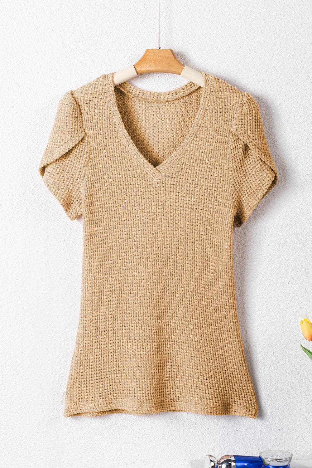 White Tulip Sleeve Waffle Knit V Neck T-Shirt