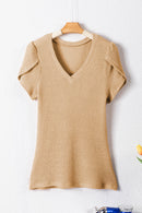 White Tulip Sleeve Waffle Knit V Neck T-Shirt