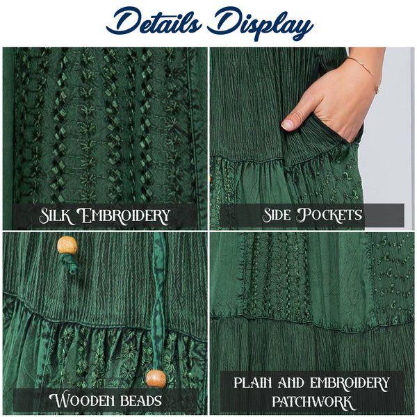 Young Threads - Retro Chic Crinkled Tiered Green Skirt With Mixed Embroidery Patch