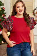 Racing Red Plaid Pearl Ruffled Short Sleeve Knitted Christmas Holiday Plus Size T-shirt