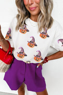 White Pumpkin Witch Sequins Patch Halloween Graphic Tee