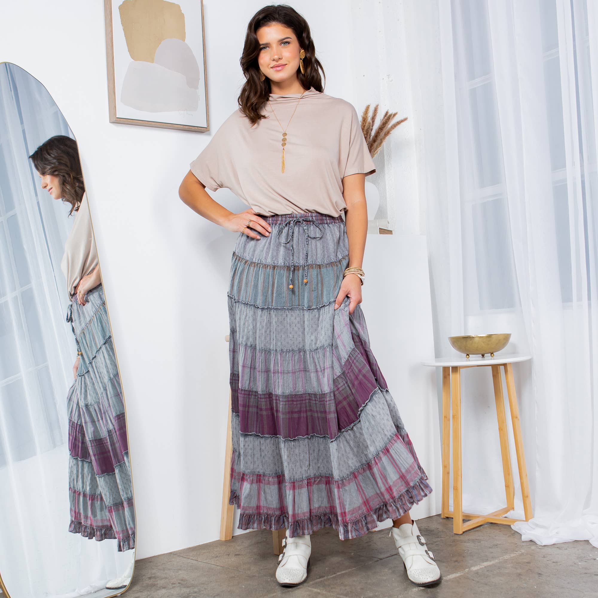 Young Threads - Vintage Vibes: Crinkled Tiered Skirt With Mixed Cotton Dobby