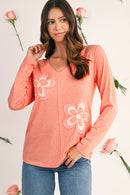 Fresh Salmon Floral Patched V Neck Long Sleeve Top
