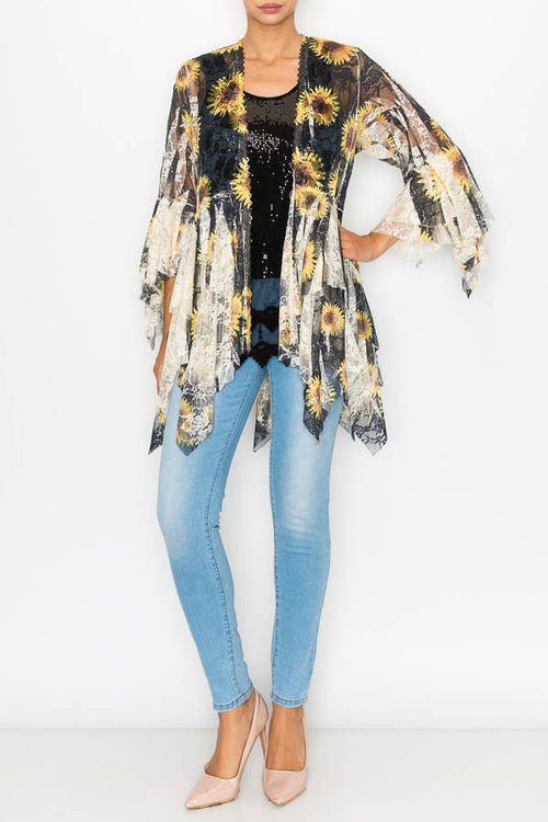 Origami Apparel ~  Lace and Crochet inspired - Classic All Lace Cardigan with Tiered Layers - 4618 BG/BK SUN FL