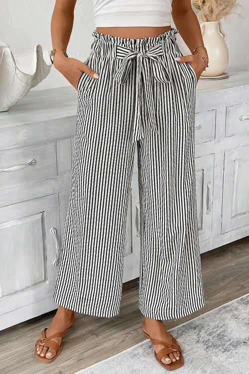 Black Striped Frill Knot Waist Decor Pants