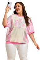 Beige Plus Size Floral Patchwork Short Sleeve Patch Embroidery Cotton T Shirt