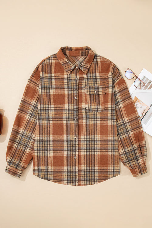 Brown Plaid Print Flap Pocket Buttoned Plus Size Shacket