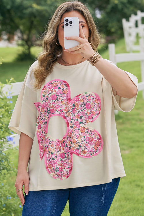 Jet Stream Big Flower Patched Plus Size Tunic T-Shirt