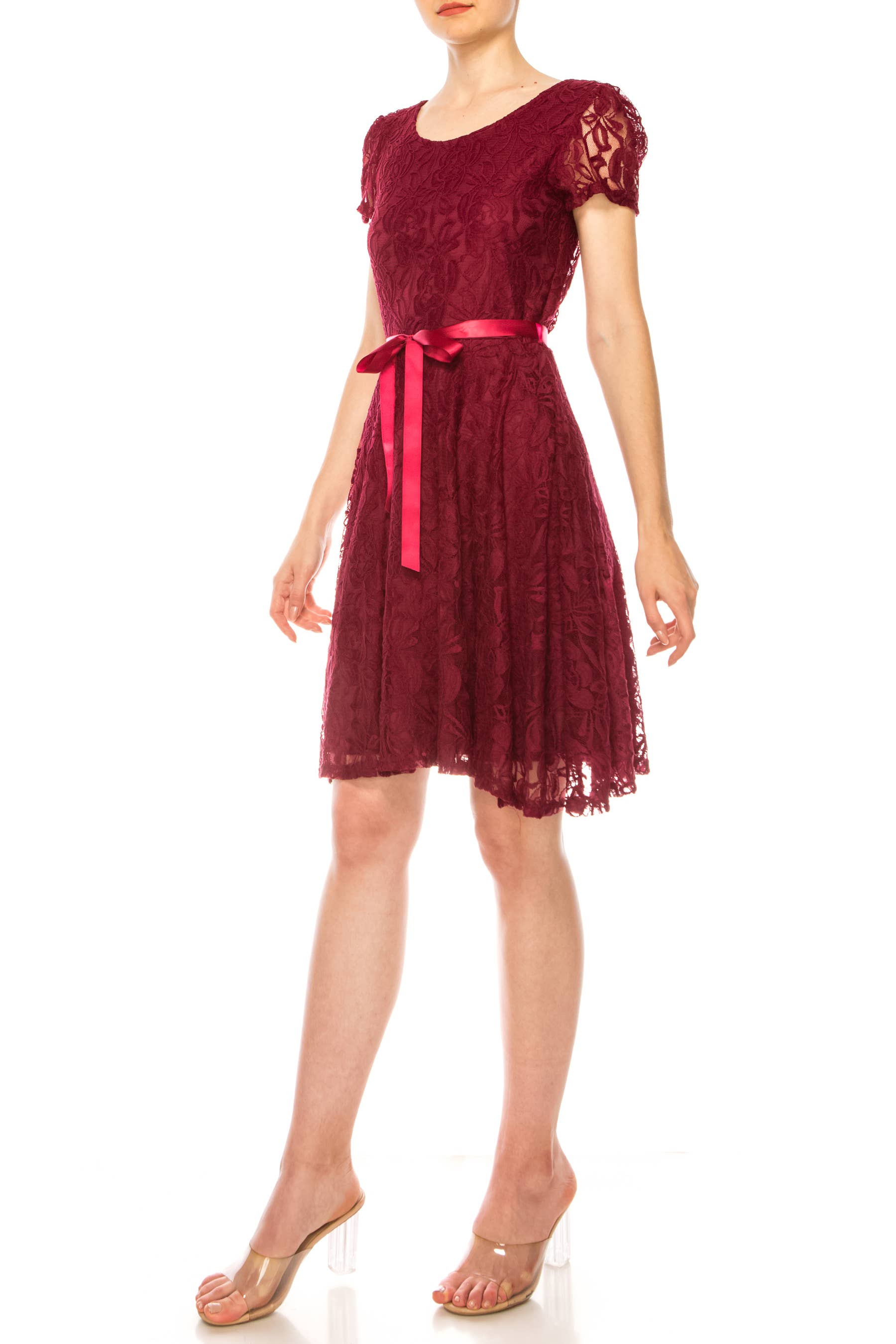 MOA COLLECTION - Women's Lace Short Sleeve A-Line Midi Dress