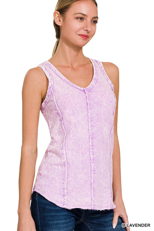 42POPS - `.SI-25350 Washed Raw Edge V Neck Sleeveless Top