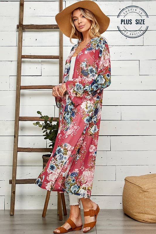 Shopin LA - SG21050AP - PLUS FLORAL PRINT MESH KIMONO WITH SIDE SLIT