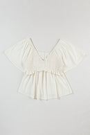 Tomato Red Shirred V Neck Short Flutter Sleeve Textured Blouse