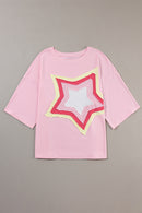 Moonlight Jade Colorblock Star Patched Half Sleeve Oversized Tee