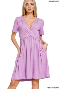 42POPS - 0719 Brushed Dty Buttery Soft Fabric Surplice Dress w/ pockets SI