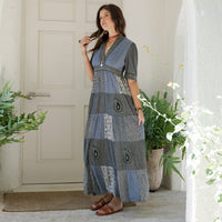 Young Threads - Eclectic Charm: Stone-Washed Rayon V-Neck Long Dress New