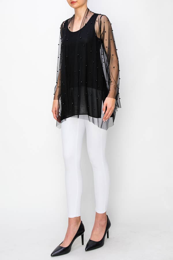 Origami Apparel ~  Lace and Crochet inspired - PEARL DETAILED MESH CARDIGAN OLS-4726 BLACK