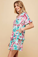 Shopin LA - .SD21025-1011 WOMEN FLORAL SHORT SLV MIDI DRESS WITH RUFFLE
