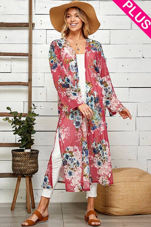 Shopin LA - SG21050AP - PLUS FLORAL PRINT MESH KIMONO WITH SIDE SLIT
