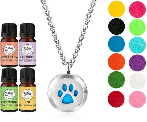 Wild Essentials - Dog Paw Diffuser Necklace Set with 4 essential oils