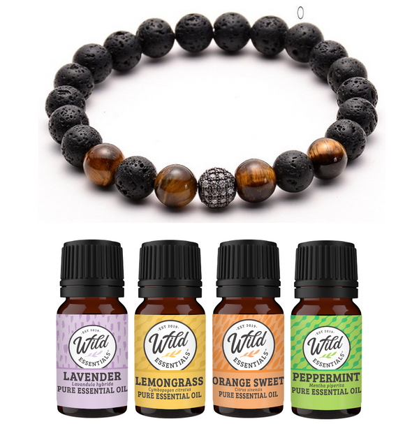 Wild Essentials - Tiger Eye Lava Stone Aromatherapy Bracelet Set with 4 oils