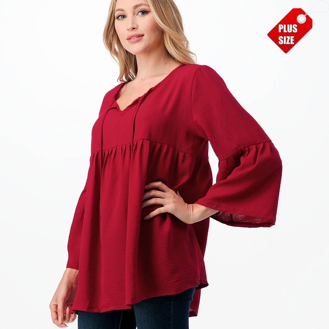 CREPAS - Solid color tie strap ruffle sleeves top plus