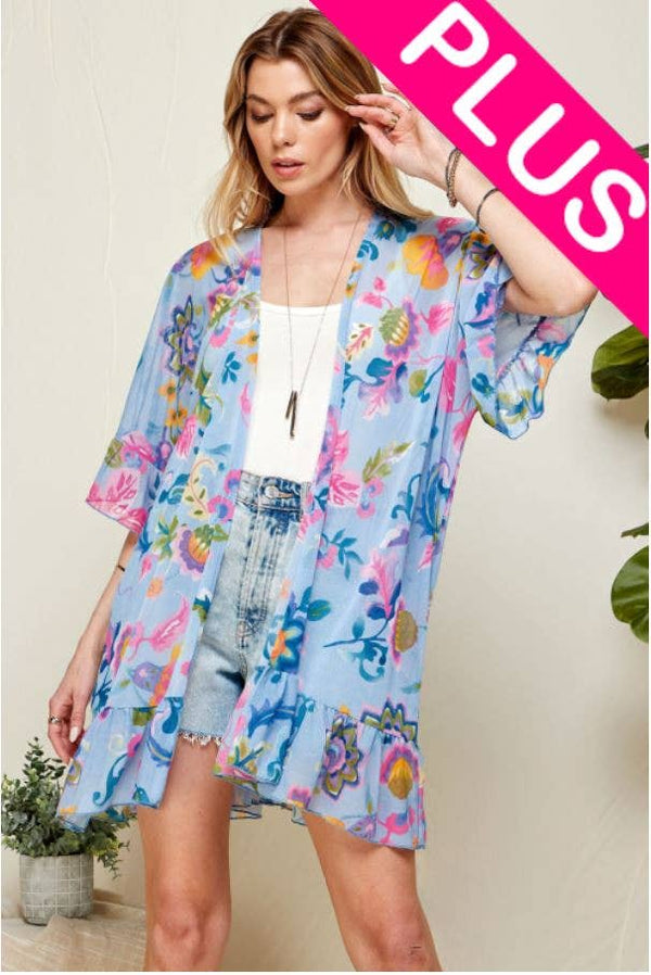 Shopin LA - SPT5070P - PLUS SIZE FLORAL MESH KIMONO WITH RUFFLE