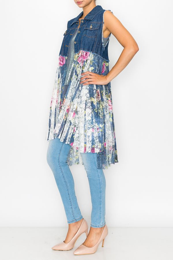 Origami Denim and Rose Lace Inspired Vest - OLS-4479DE/DENIM ROSE