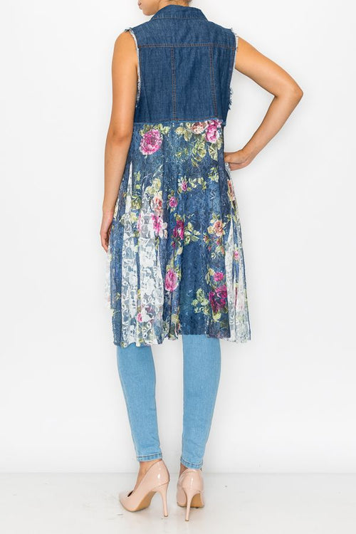 Origami Denim and Rose Lace Inspired Vest - OLS-4479DE/DENIM ROSE