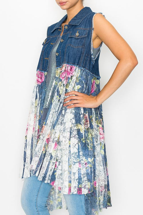 Origami Denim and Rose Lace Inspired Vest - OLS-4479DE/DENIM ROSE
