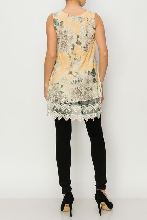 Origami Apparel ~  Yellow Floral Top with Lace Hemline - OLS-4481BG/DD YELLOW FL