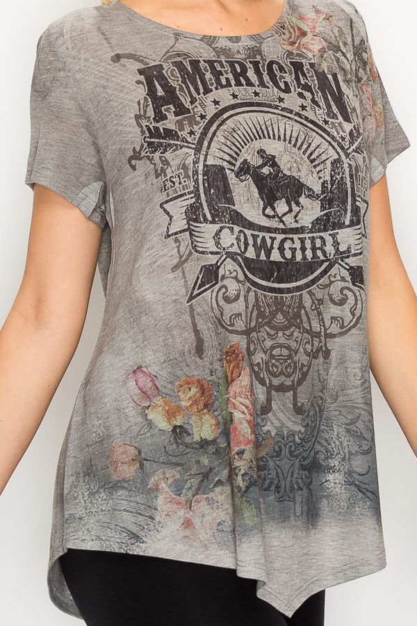 American Cowgirl printed top in super soft material. V Hemline in front and in the back just enough to cover the butt!
