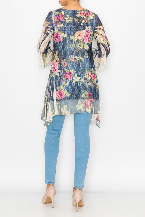 Origami Apparel ~  Denim Color Rose Inspired Top - OLS-4565NAT/DE ROSE