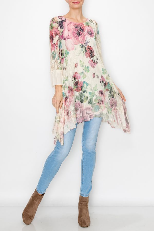 Origami Apparel ~ Big Rose Lace Inspired Top - OLS-4565BG/BIG ROSE