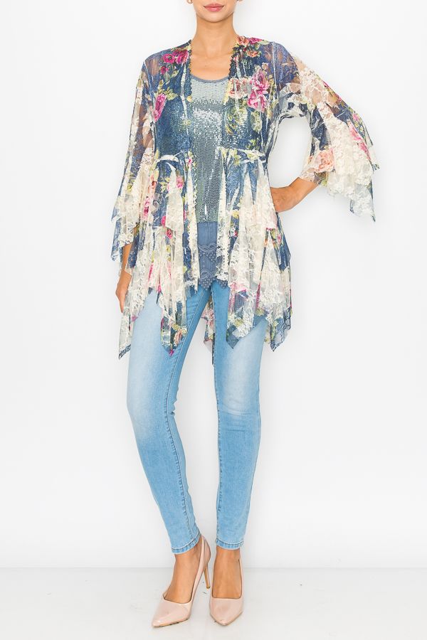 Origami Apparel ~ Denim Rose Cardigan Lace and Crochet Inspired - OLS-4618BG/DE ROSE