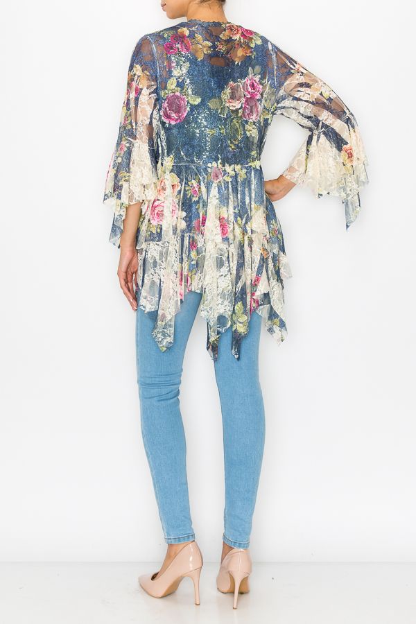 Origami Apparel ~ Denim Rose Cardigan Lace and Crochet Inspired - OLS-4618BG/DE ROSE