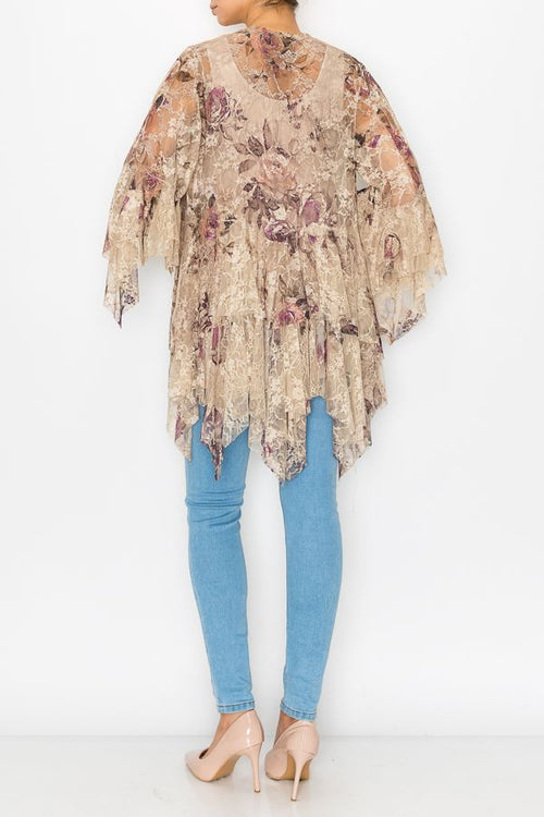 Origami Apparel ~  Taupe and Rose Lace Inspired Tiered Cardigan - OLS-4618TP/2ROSE