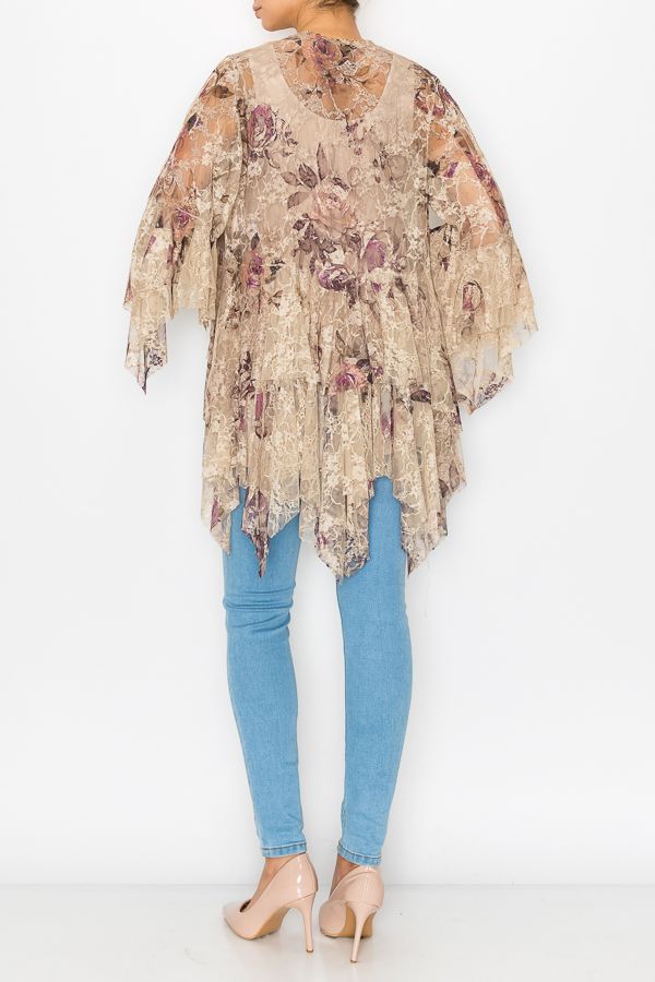 Origami Apparel ~  Taupe and Rose Lace Inspired Tiered Cardigan - OLS-4618TP/2ROSE