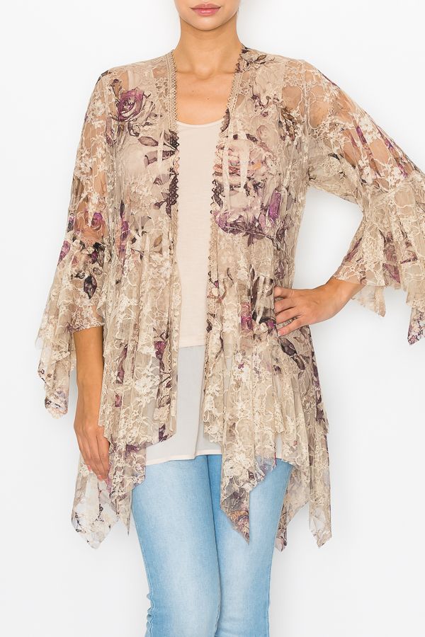 Origami Apparel ~  Taupe and Rose Lace Inspired Tiered Cardigan - OLS-4618TP/2ROSE