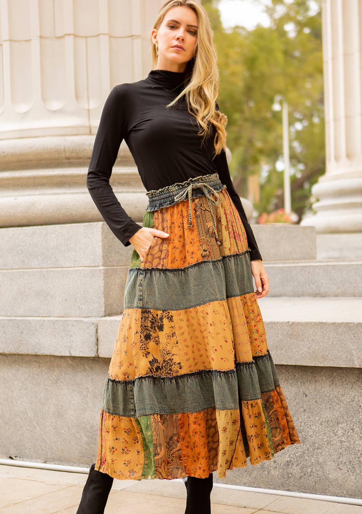 YOUNG THREADS - Women Denim and Print Mix Tier Maxi Skirt