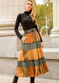 YOUNG THREADS - Women Denim and Print Mix Tier Maxi Skirt
