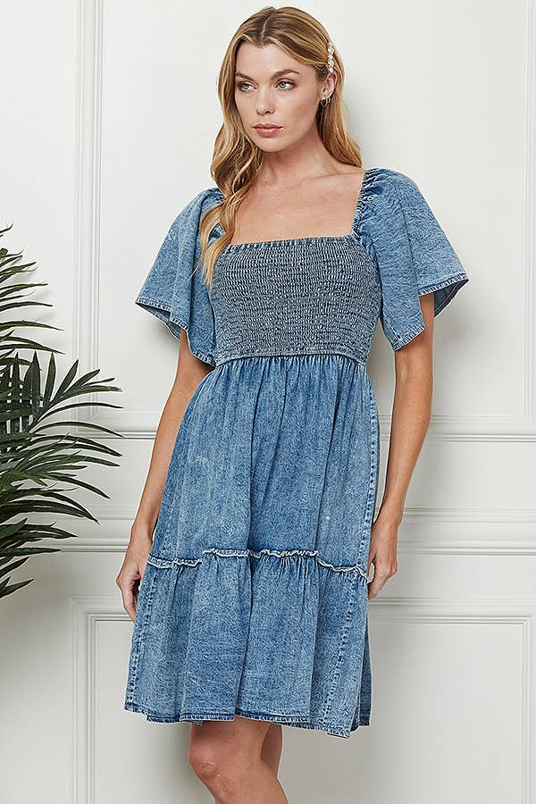 Shopin LA - CSP9213 Women Denim Open Back Tiered Smocking Dress