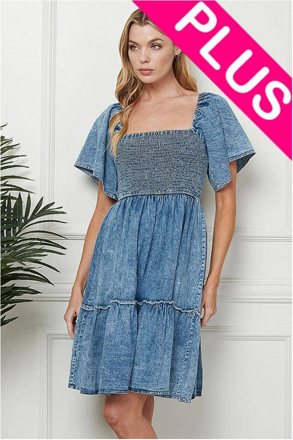 Shopin LA - CSP9213P Women Denim Open Back Tiered Smocking Dress