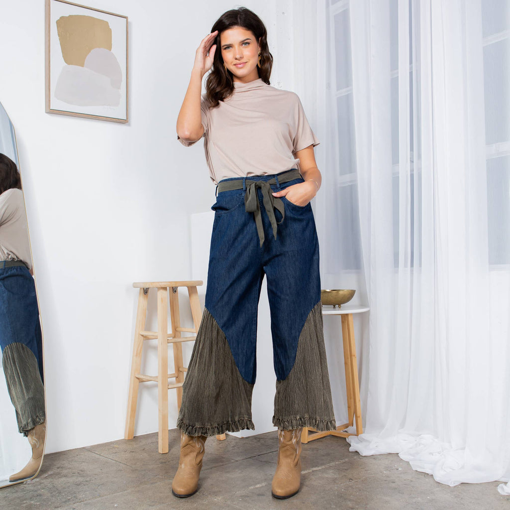 YOUNG THREADS - Boho Flare: Overdyed Denim Bellbottom Pants With Overdyed