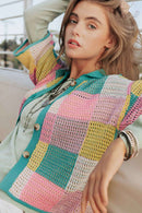 Davi & Dani - MULTI COLOR BLOCKED CHECKER KNIT BUTTON UP SWEATER