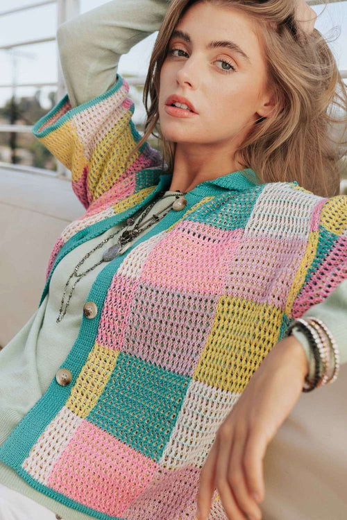 Davi & Dani - MULTI COLOR BLOCKED CHECKER KNIT BUTTON UP SWEATER