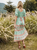 Tied Flounce Sleeve Printed Midi Dress