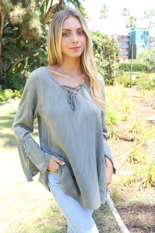 Good Stuff Apparel - Women's Lace Up V Neck Long Sleeve w/ Ruffle & Button Detail